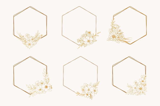 Quadros florais de hexágono dourado