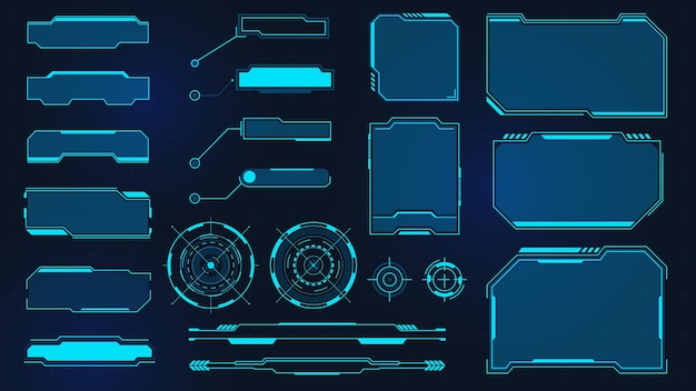 Quadros futuristas. Tela quadrada, texto explicativo, título e radar do HUD do Cyberpunk. Caixa de informações digitais e painel de IU de ficção científica. Vetor de interface virtual definido com painéis e janela ou visor de holograma