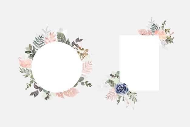 Quadros geométricos de ilustração floral em aquarela com folhas verdes e flores vivas e coloridas