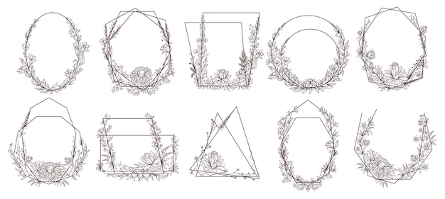 Quadros geométricos florais desenhados à mão.