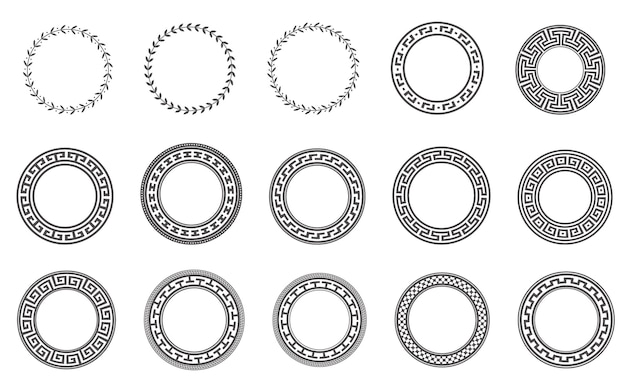 Vetor quadros gregos do círculo. bordas de meandro redondo. padrões de elementos de decoração.