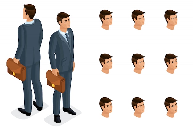 Quality isometry, é um homem de negócios sólido com uma maleta, em um terno elegante e bonito. personagem com um conjunto de emoções para criar qualidade