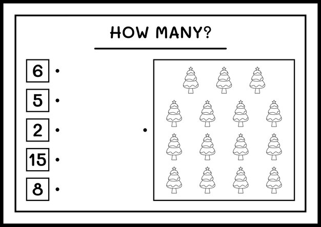 Quantas árvores de natal, jogo para crianças. ilustração vetorial, planilha para impressão