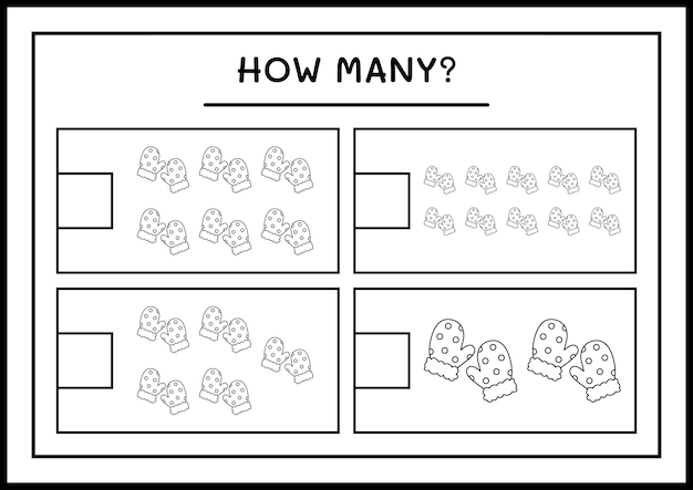 Quantas luvas de inverno, jogo para crianças. ilustração vetorial, planilha para impressão