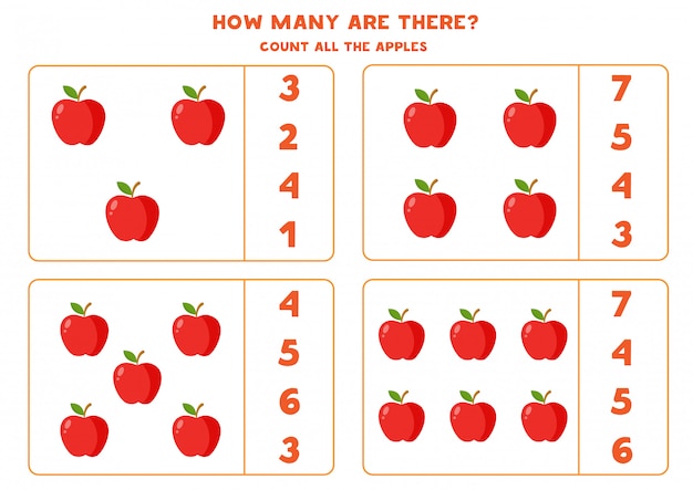 Quantas maçãs existem. jogo educativo de contagem para crianças. planilha de matemática para pré-escolares.