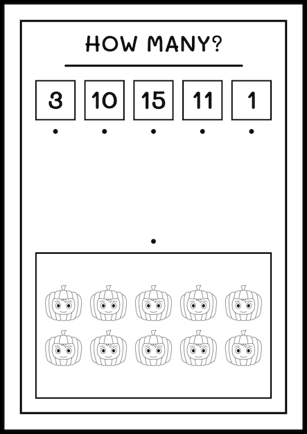 Quantas máscara de abóbora, jogo para crianças. ilustração vetorial, planilha para impressão