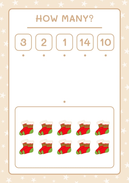 Quantas meias de natal, jogo para crianças. ilustração vetorial, planilha para impressão