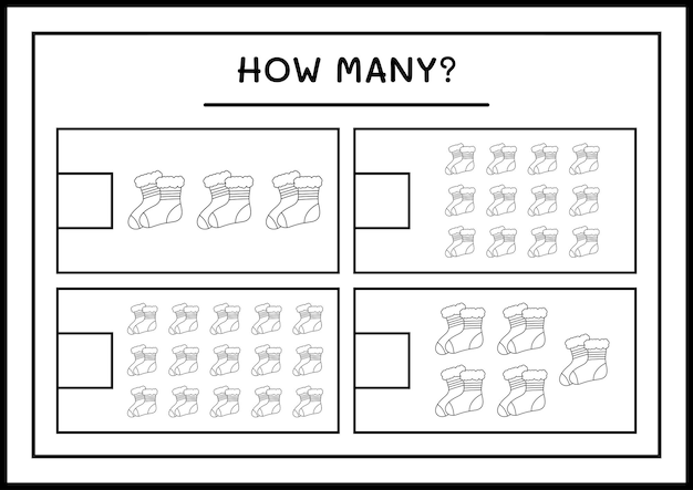 Quantas meias de natal, jogo para crianças. ilustração vetorial, planilha para impressão