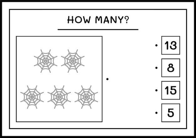 Quantas teia de aranha, jogo para crianças. ilustração vetorial, planilha para impressão