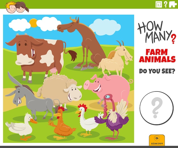 Quantos animais de fazenda jogo educacional de desenho animado para crianças