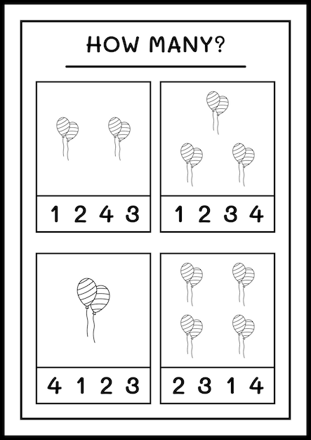 Quantos balão, jogo para crianças. ilustração vetorial, planilha para impressão