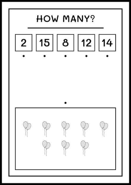 Quantos balão, jogo para crianças. ilustração vetorial, planilha para impressão