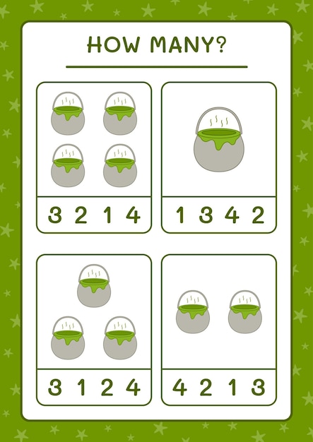 Quantos caldeirão, jogo para crianças. ilustração vetorial, planilha para impressão