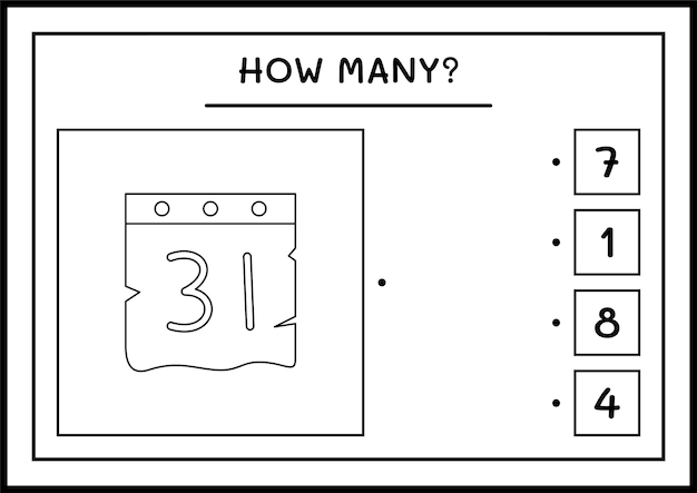 Quantos calendário, jogo para crianças. ilustração vetorial, planilha para impressão