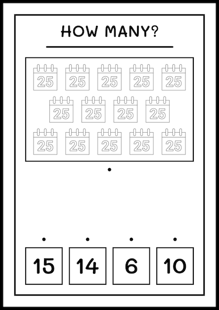 Quantos calendários de natal, jogo para crianças. ilustração vetorial, planilha para impressão