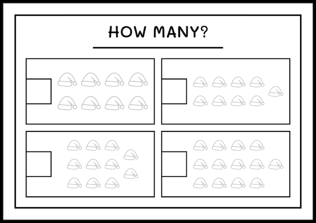 Quantos chapéu de papai noel, jogo para crianças. ilustração vetorial, planilha para impressão