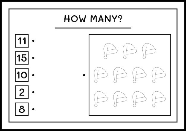 Quantos chapéu de papai noel, jogo para crianças. ilustração vetorial, planilha para impressão
