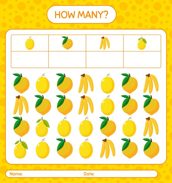 Vetor quantos contando jogo de banana, fruta-ovo, melão, limão. planilha para crianças em idade pré-escolar, planilha de atividades para crianças, planilha para impressão