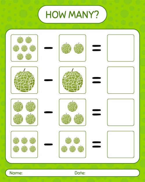 Quantos contando melão de jogo. planilha para crianças em idade pré-escolar, planilha de atividades para crianças, planilha para impressão