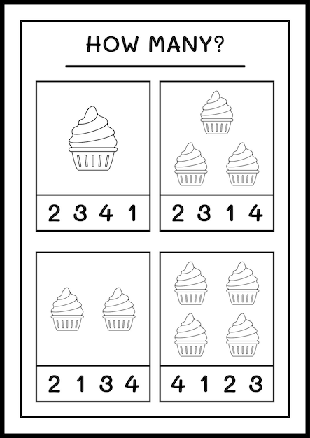 Quantos cup cake, jogo para crianças. ilustração vetorial, planilha para impressão