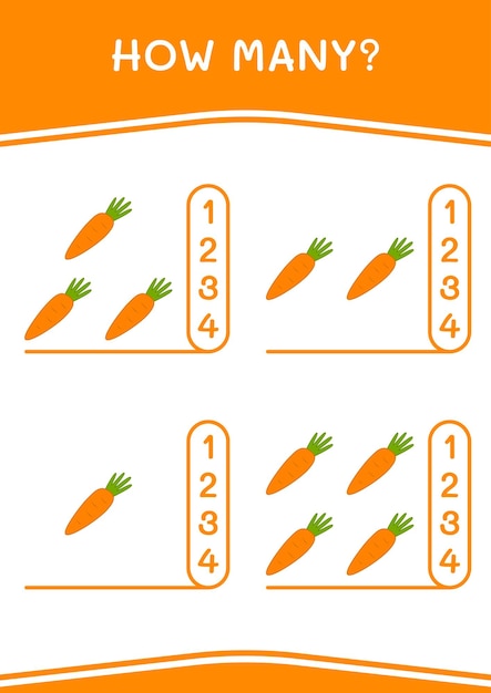 Quantos de jogo de cenoura para crianças planilha imprimível de ilustração vetorial