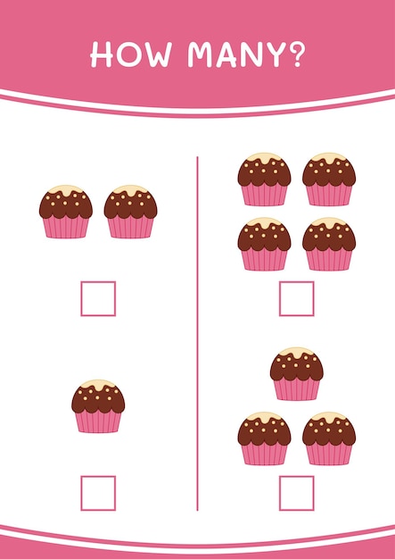 Quantos de jogo de cupcake para crianças planilha imprimível de ilustração vetorial