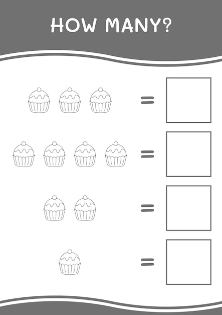 Quantos de jogo de cupcake para crianças planilha imprimível de ilustração vetorial