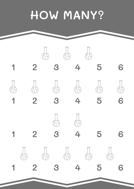 Quantos de jogo de frasco de química para crianças Planilha imprimível de ilustração vetorial