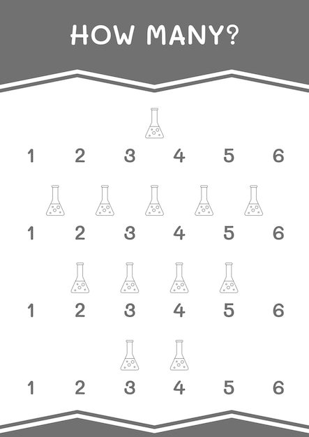 Quantos de jogo de frasco de química para crianças planilha imprimível de ilustração vetorial