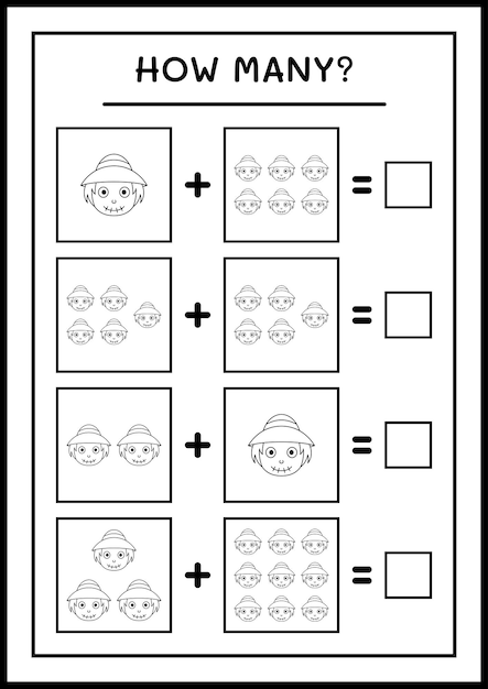 Quantos espantalho, jogo para crianças. ilustração vetorial, planilha para impressão