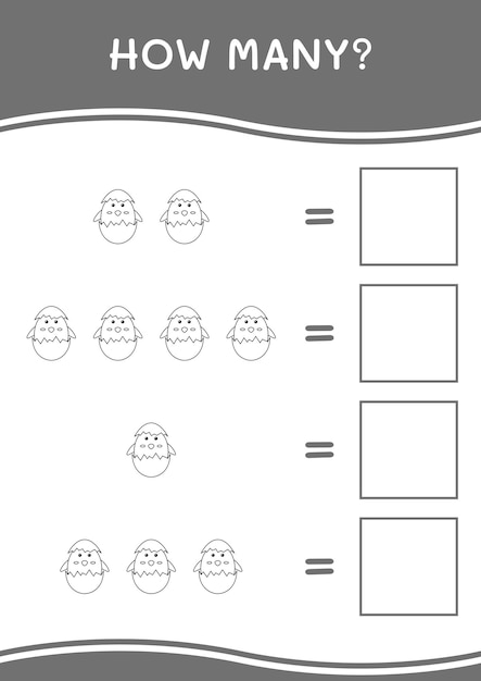 Quantos jogos chick para crianças planilha imprimível de ilustração vetorial