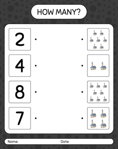 Quantos jogos de contagem com a igreja. planilha para crianças em idade pré-escolar, planilha de atividades para crianças