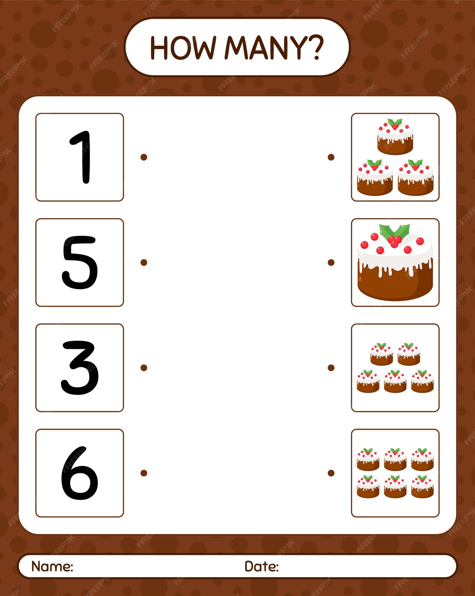 Quantos jogos de contagem com bolo de natal. planilha para crianças em  idade pré-escolar, planilha de atividades para crianças