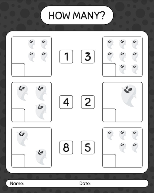 Quantos jogos de contagem com fantasma. planilha para crianças em idade pré-escolar, planilha de atividades para crianças