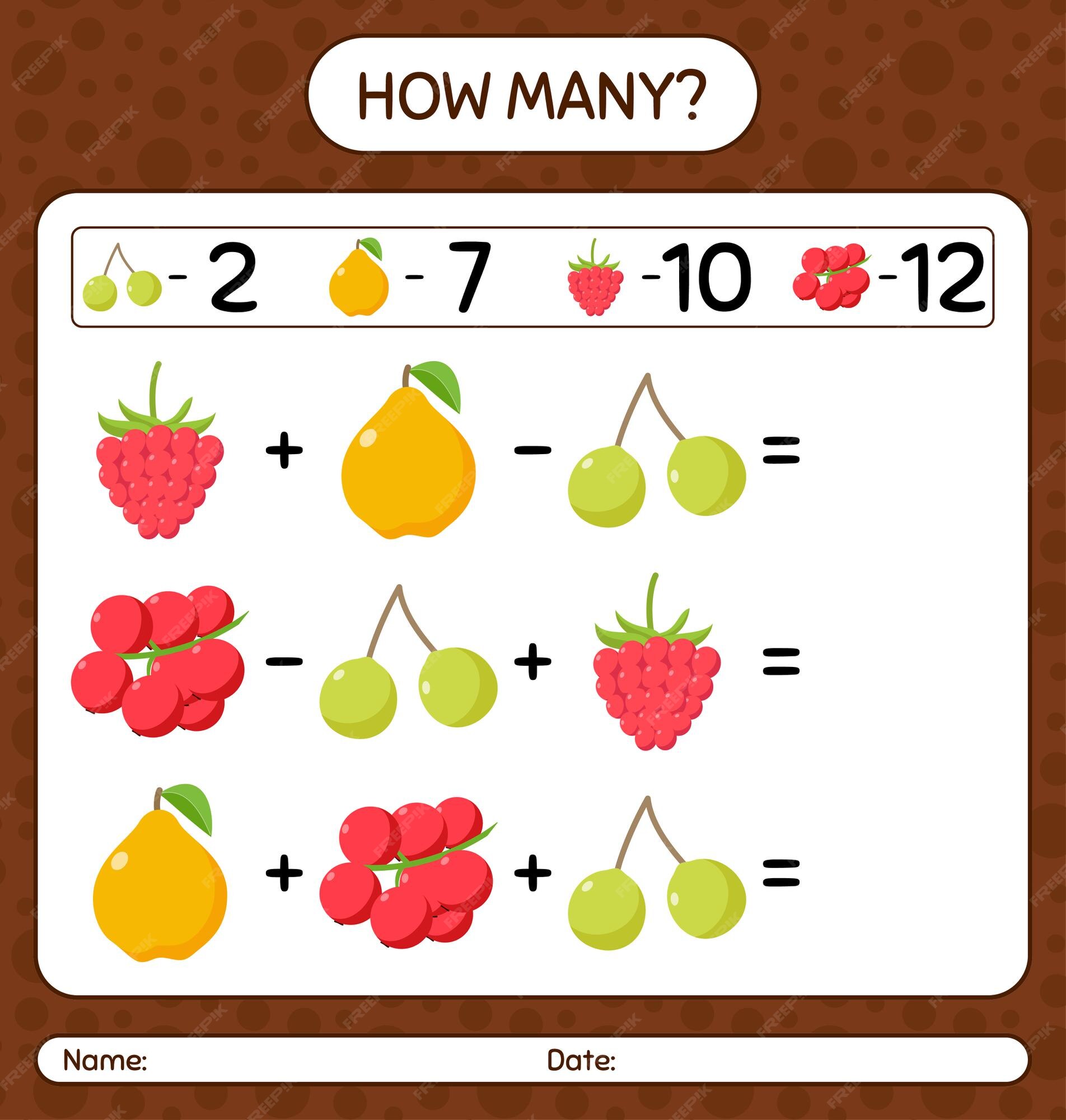 planilha para crianças da escola. jogo de matemática com frutas para  crianças, nível fácil, jogo de