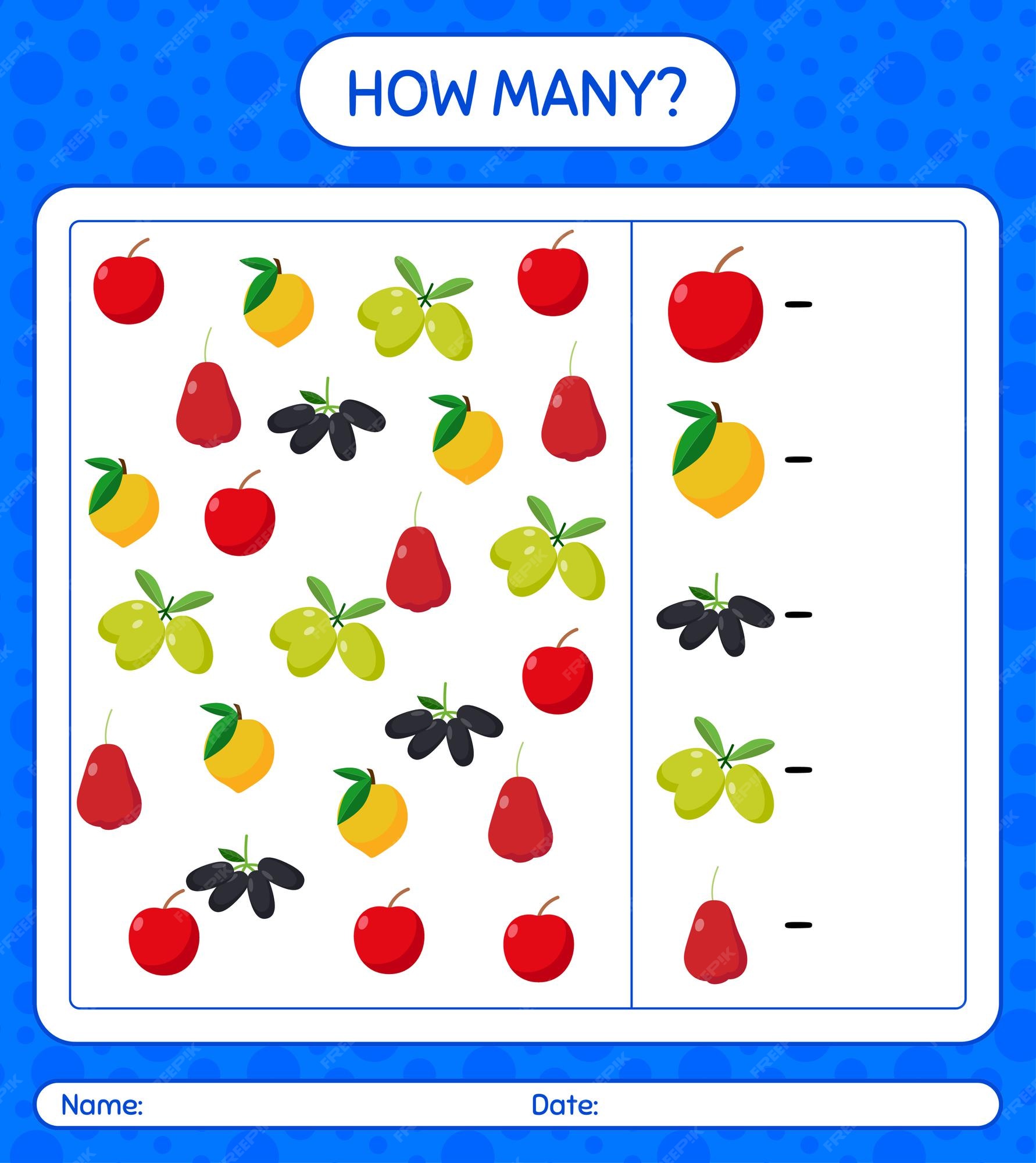 planilha para crianças da escola. jogo de matemática com frutas para  crianças, nível fácil, jogo de