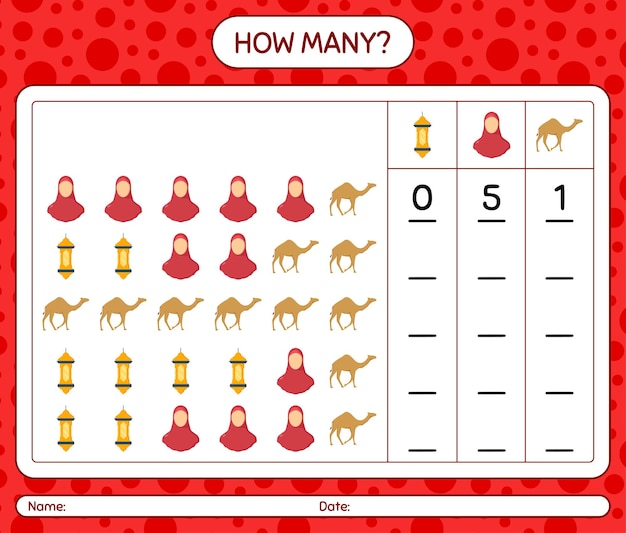 Quantos jogos de contagem com o ícone do ramadã. planilha para crianças em idade pré-escolar, planilha de atividades para crianças, planilha para impressão