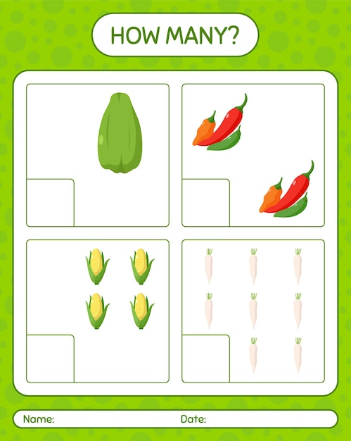 Quantos jogos de contagem com vegetais. planilha para crianças em idade pré-escolar, planilha de atividades para crianças, planilha para impressão