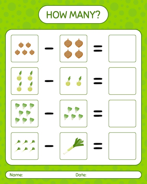 Quantos jogos de contagem com vegetais. planilha para crianças em idade pré-escolar, planilha de atividades para crianças, planilha para impressão