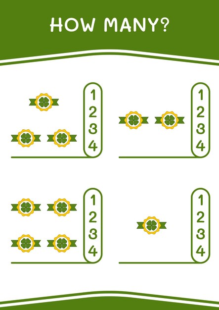 Quantos jogos de distintivo de trevo para crianças planilha imprimível de ilustração vetorial
