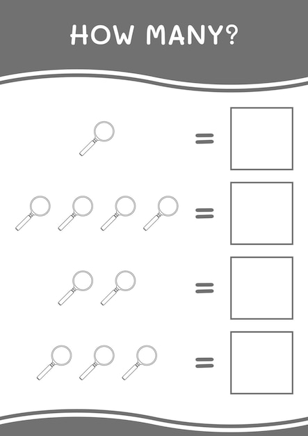 Quantos jogos de lupa para crianças planilha imprimível de ilustração vetorial