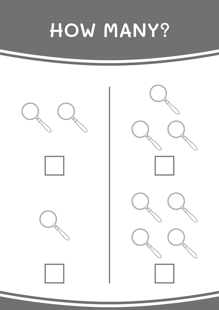 Quantos jogos de lupa para crianças planilha imprimível de ilustração vetorial