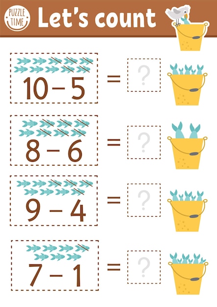 Quantos jogos de peixes com peixes bonitos no balde com água atividade de subtração matemática de verão para crianças pré-escolares planilha de contagem simples imprimível para crianças com gaivotaxa