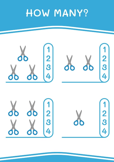 Quantos jogos de tesoura para crianças planilha imprimível de ilustração vetorial