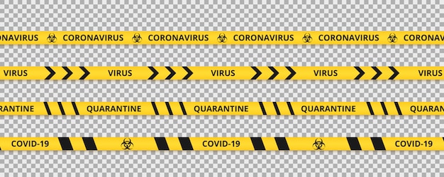 Quarentena de fita or¡oronavírus. listras amarelas e pretas de quarentena de aviso do coronavírus