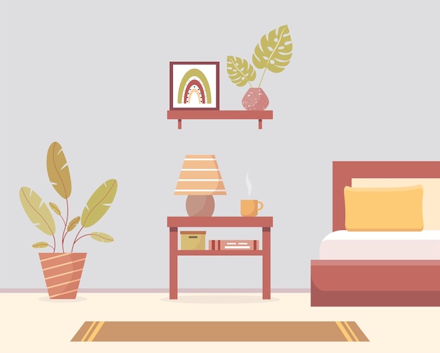 Quarto aconchegante com móveis Interior moderno do quarto com abajur e plantas