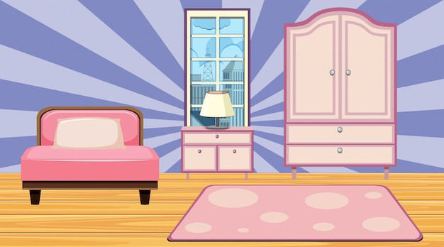 Vetor quarto com cama rosa e armário