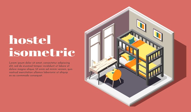 Quarto de albergue de ilustração isométrica de classe econômica com beliche, mesa e cadeira