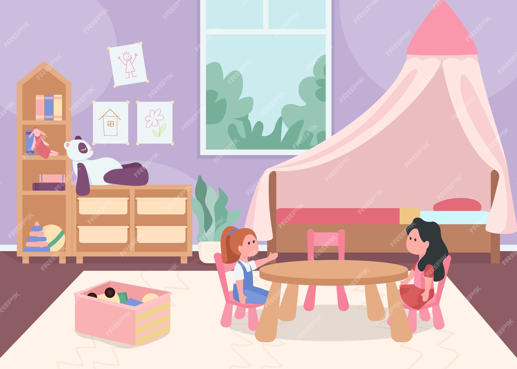 Menina Da Sala Da Cama Da Sala De Jogos Feminino Interior Da Criança Da  Mobília Da Decoração Do Armazenamento Dos Brinquedos Do a Ilustração do  Vetor - Ilustração de mesa, fêmea: 141551422