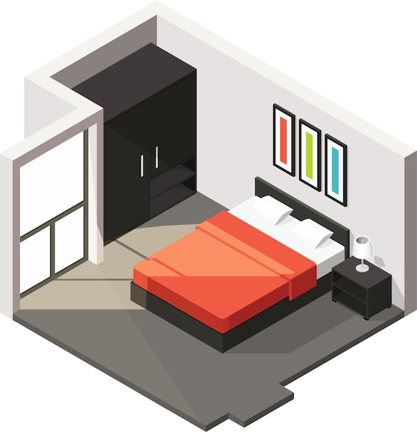 Quarto de dormir isométrico com guarda-roupa e pinturas na parede
